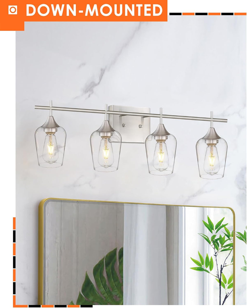 4-Light Bathroom Lighting Fixtures Over Mirror, 24 Inch Brushed Nickel Vanity Lights with Clear Glass, Modern Bath Wall Sconce Lighting for Bathroom, WL9167-4C