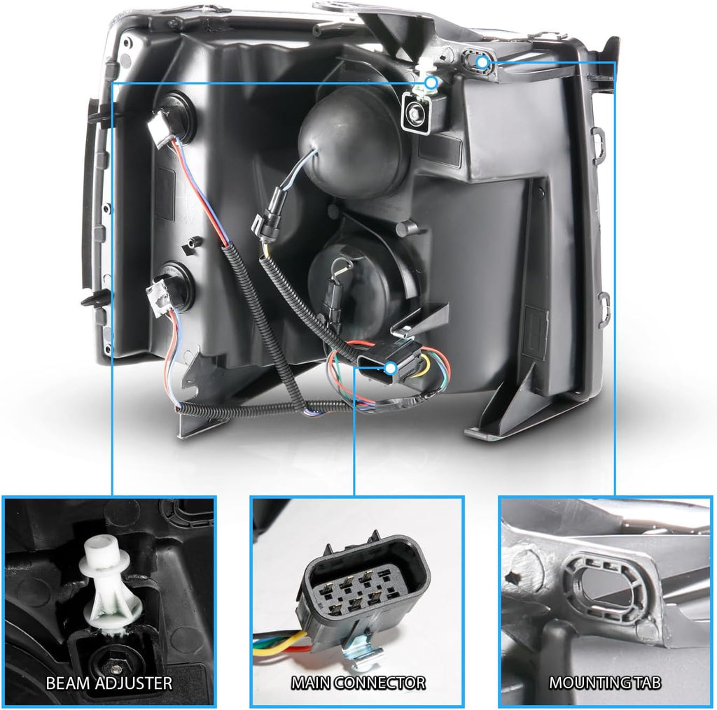 AmeriLite for 2007-2013 Chevy Silverado 1500 | 07-14 Silverado 2500HD 3500HD LED Tube Square Projector Gun-Metal Headlights Set - Passenger and Driver Side