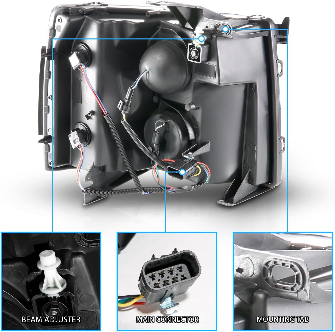 AmeriLite for 2007-2013 Chevy Silverado 1500 | 07-14 Silverado 2500HD 3500HD LED Tube Square Projector Gun-Metal Headlights Set - Passenger and Driver Side