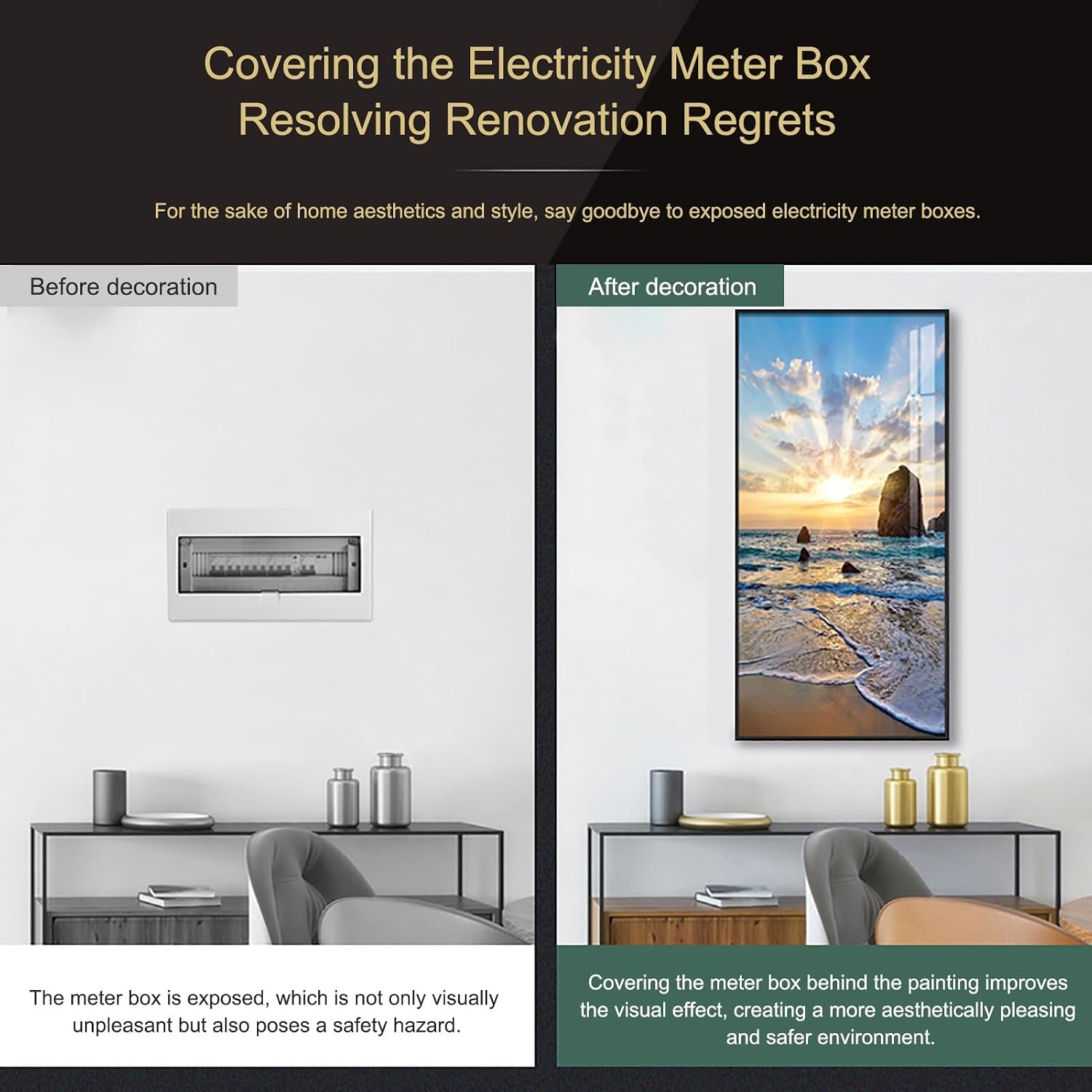 Decorative Fuse Box Covers, Wall Mounted Electrical Panel Cover, Electric Meter Box Decorative Painting, for Home, Living Room Office Art Picture(Black 2,40 * 60cm/16 * 24in)