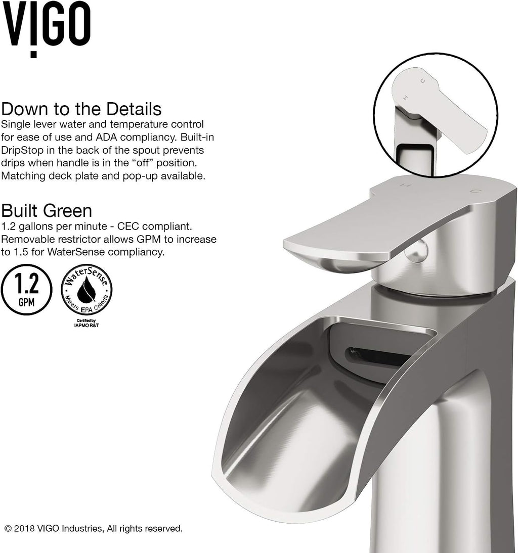 VIGO Paloma Waterfall Single-Handle Single-Hole Mount Bathroom Sink Faucet, 7-Inch, Brushed Nickel, Modern Design, Solid Brass, 1.2 GPM WaterSense & Ceramic Disc Valve, Corrosion-Resistant - VG01041BN