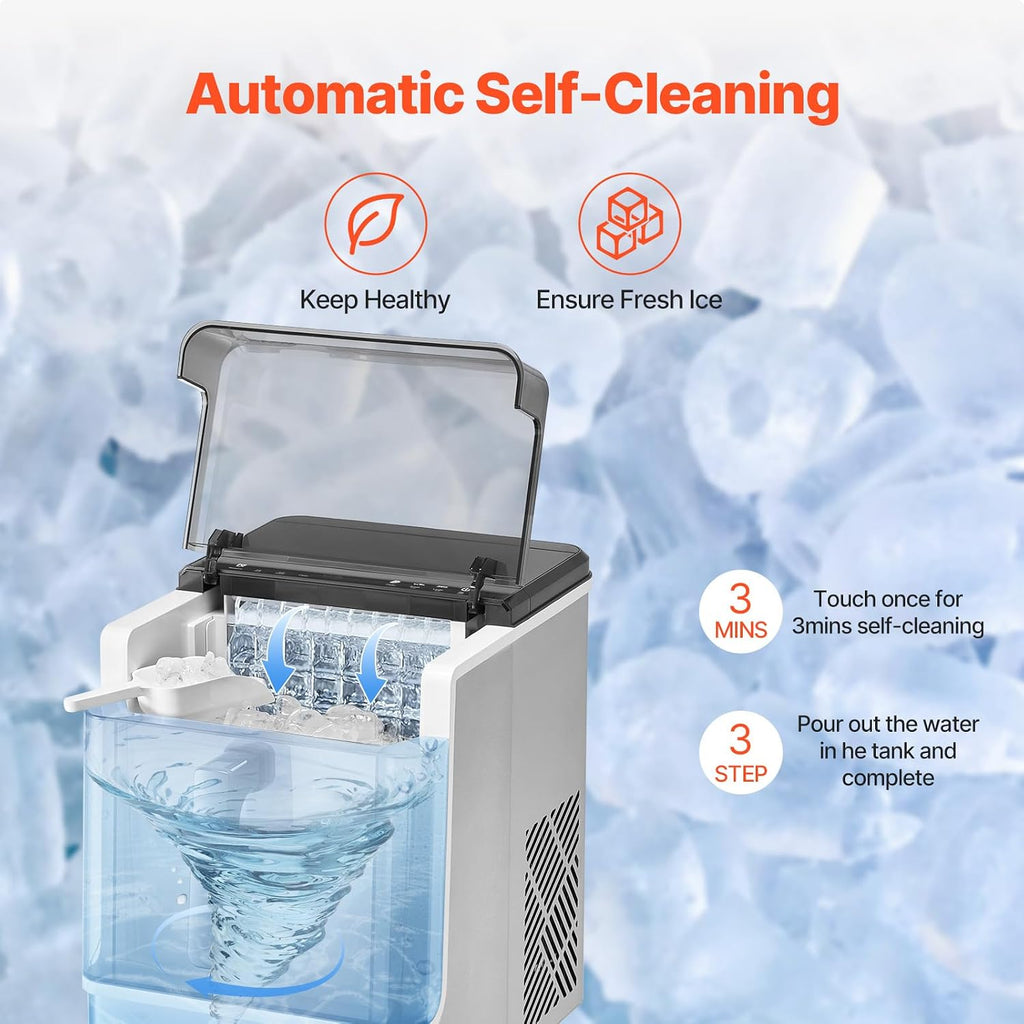 VEVOR Countertop Ice Maker, 32 Cubes Ready in 15 Mins, 46lbs in 24Hrs, Self-Cleaning Portable Ice Maker with Convenient Ice Transfer, Ice Machine with 2 Sizes Ice Cube for Home Kitchen Office Party