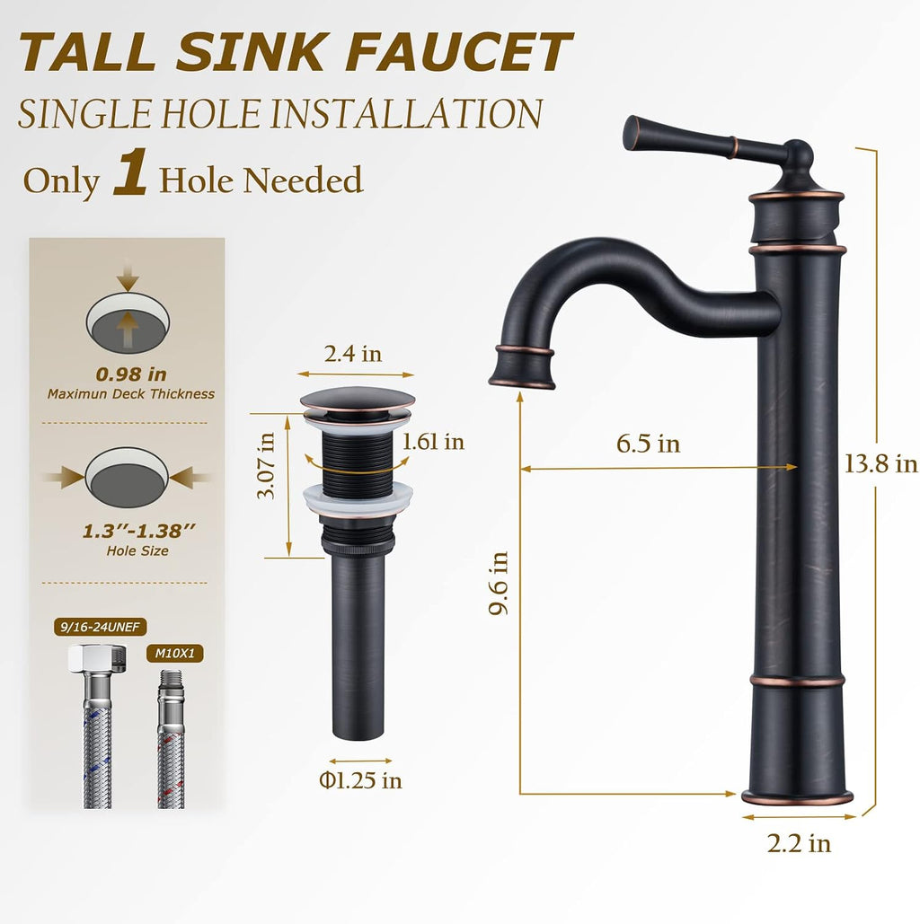 Vessel Sink Faucet ORB Bathroom Tall Faucet Single Hole Deck-Mount Pop up Drain Assembly Without Overflow Water Supply Lines Included