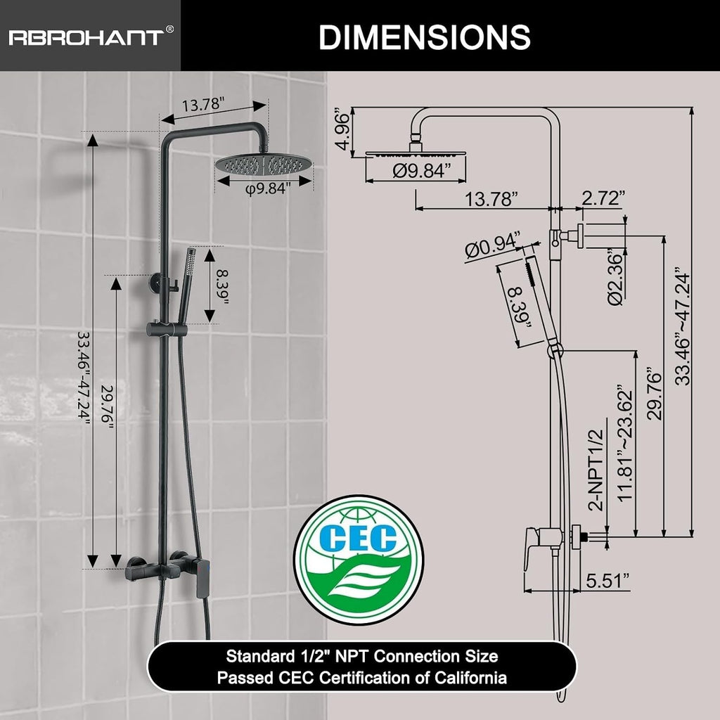 RBROHANT Exposed Shower System with Tub Spout, Matte Black Exposed Pipe Shower Faucet with 3 Functions Brass Shower Valve, Shower Height Adjustable, Wall Mounted