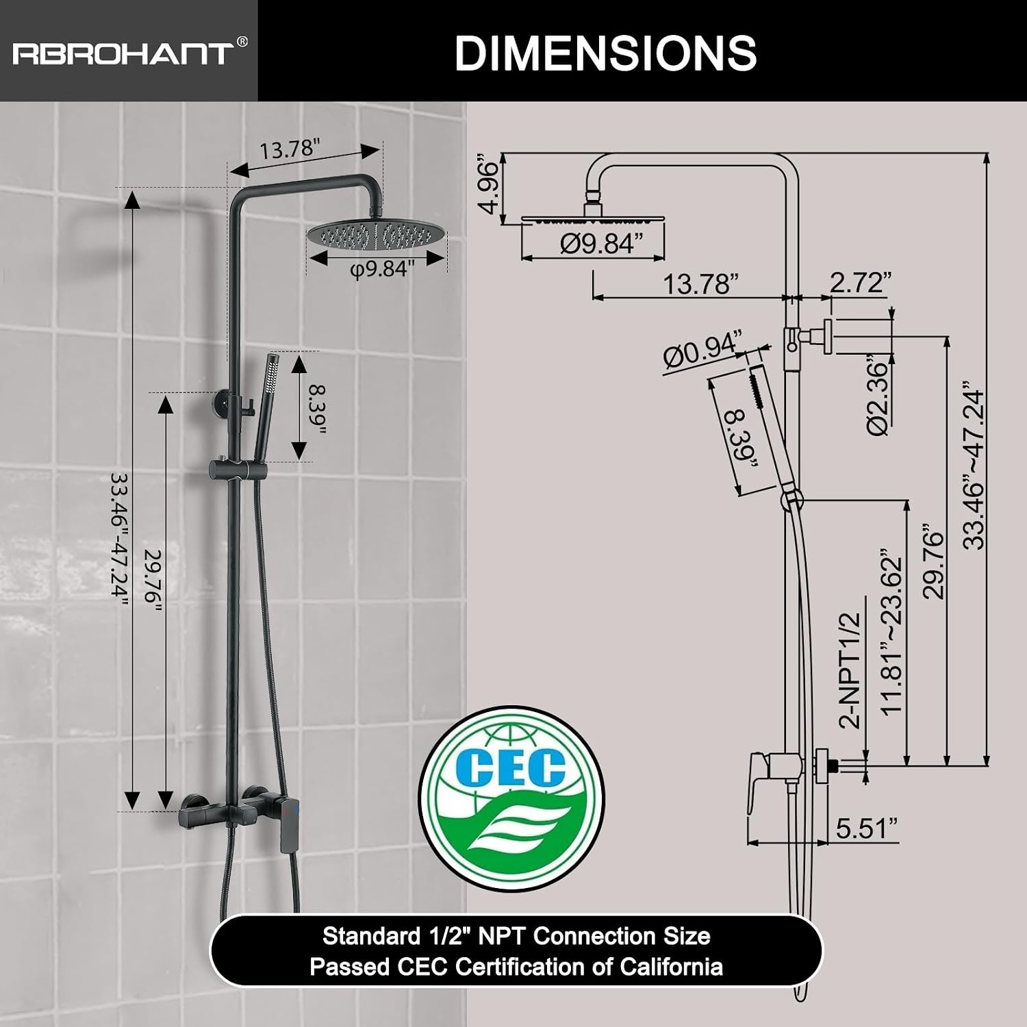 RBROHANT Exposed Shower System with Tub Spout, Matte Black Exposed Pipe Shower Faucet with 3 Functions Brass Shower Valve, Shower Height Adjustable, Wall Mounted