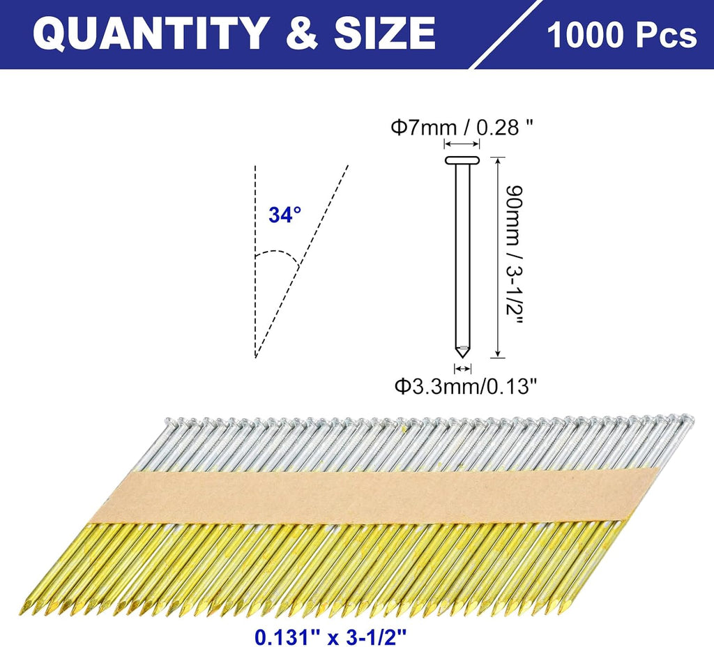 uxcell 1000Pcs 34 Degree 0.131' x 3-1/2' Framing Nails, Galvanized Carbon Steel Paper Collated Nails for Furniture/Constructions, Color Zinc