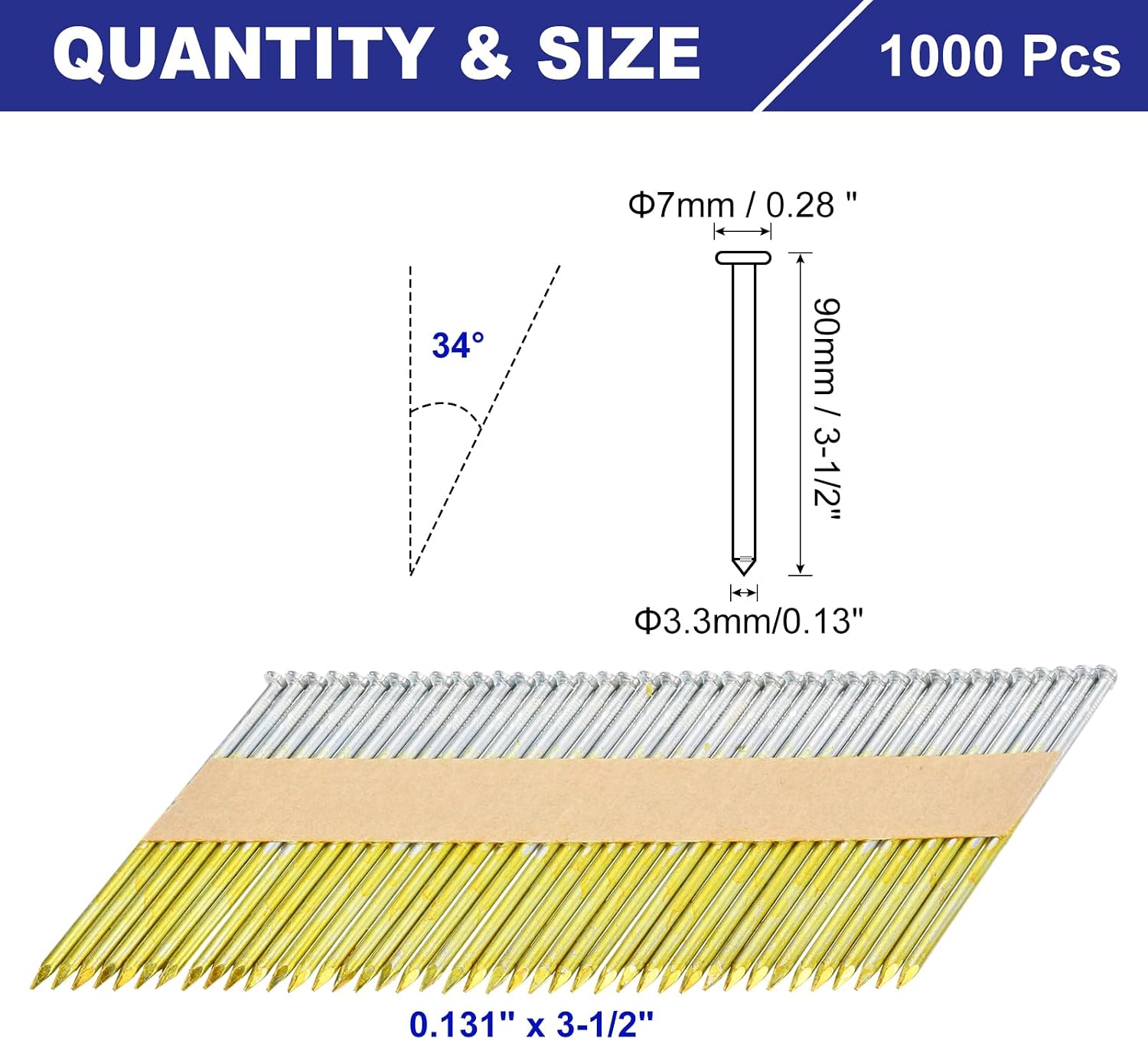 uxcell 1000Pcs 34 Degree 0.131' x 3-1/2' Framing Nails, Galvanized Carbon Steel Paper Collated Nails for Furniture/Constructions, Color Zinc