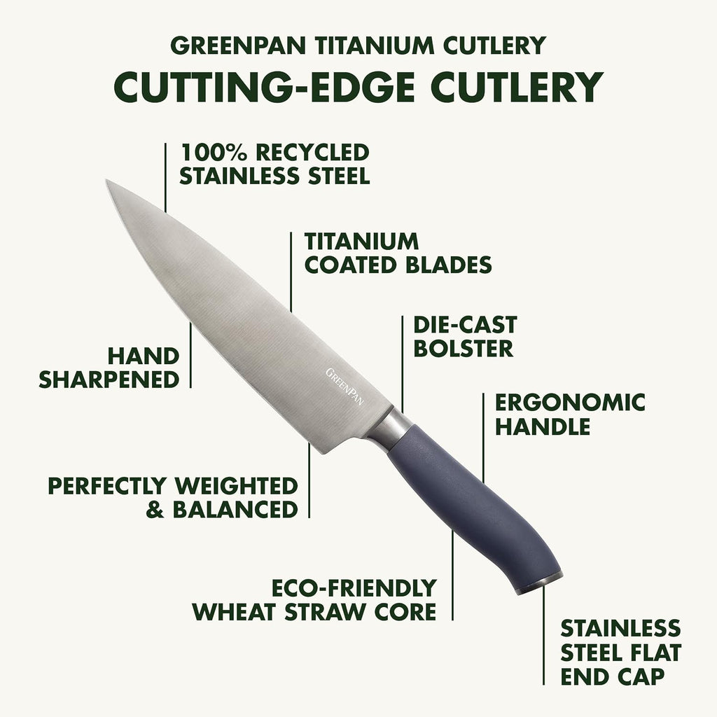 GreenPan 16-Piece Knife Block Set, Professional Stainless Steel Blades with Titanium Coating, Ultra-Sharp Kitchen Cutlery, Chef, Santoku, Bread & Steak Knives, Ergonomic Grip, Slip Resistant, Gray