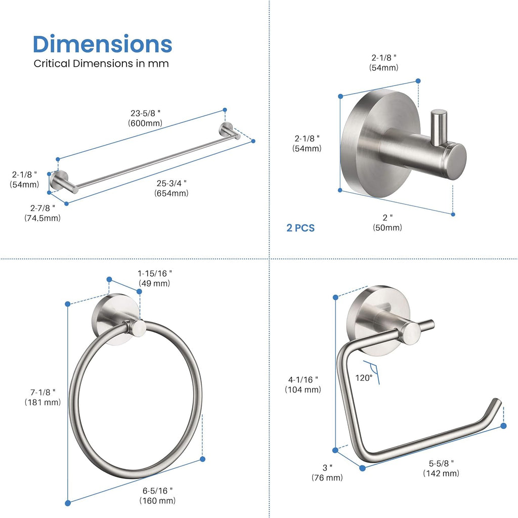 KIBI 5-Piece Bathroom Hardware Set – Wall Mounted Circular Bathroom Accessories Kit with 24 Inch Towel Bar, 10 Inch Towel Ring, Toilet Paper Holder & 2 Robe Hooks – Brushed Nickel