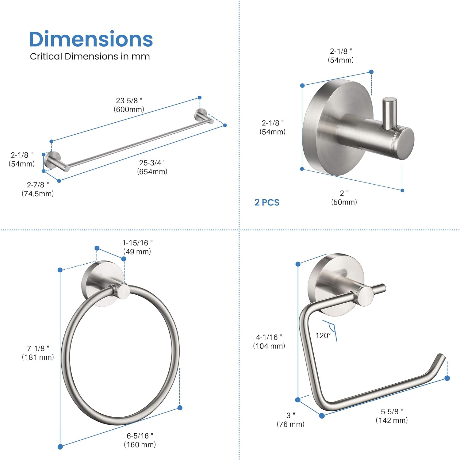 KIBI 5-Piece Bathroom Hardware Set – Wall Mounted Circular Bathroom Accessories Kit with 24 Inch Towel Bar, 10 Inch Towel Ring, Toilet Paper Holder & 2 Robe Hooks – Brushed Nickel
