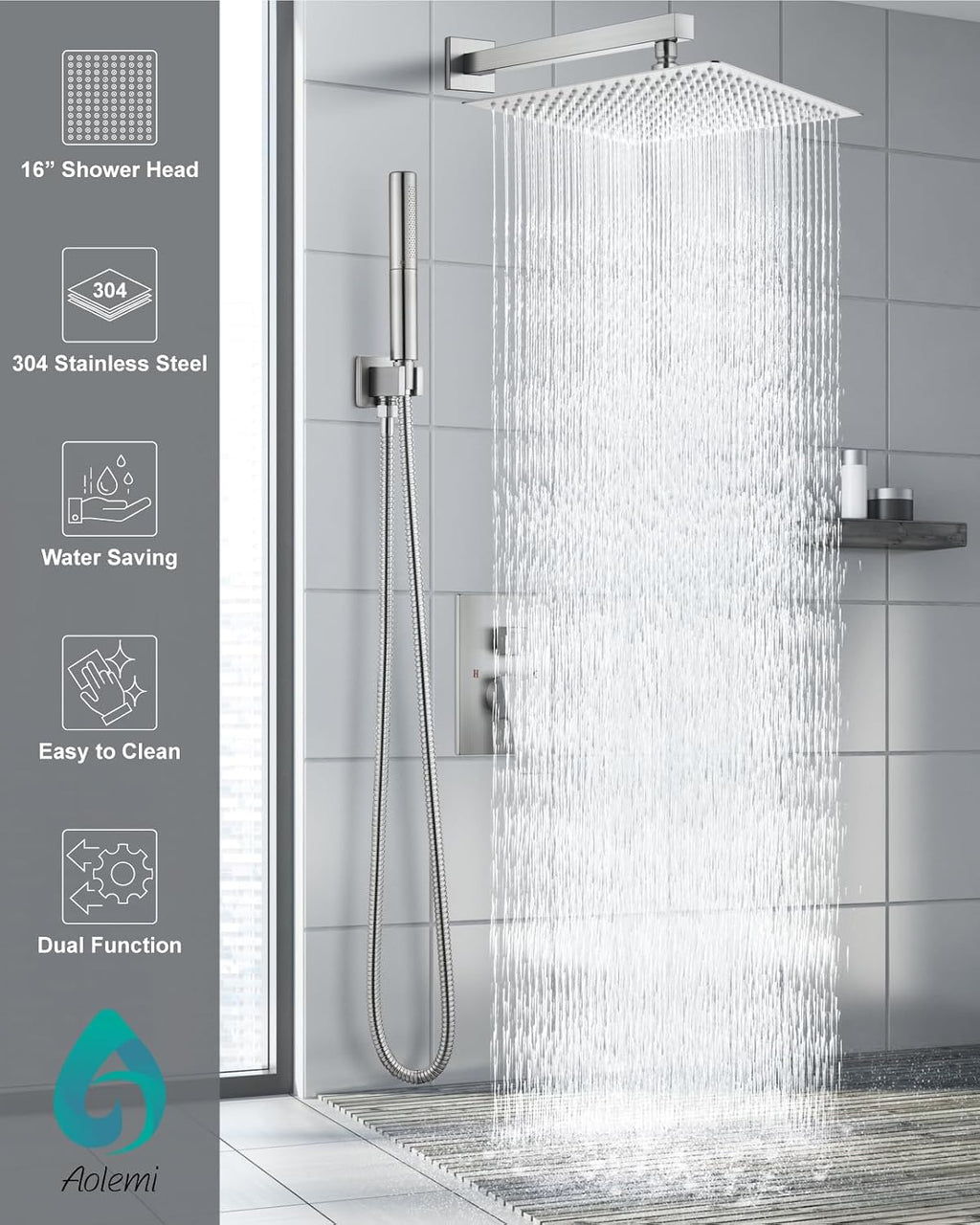 Aolemi Shower Faucet Set, High Pressure Shower System with 2-in-1 Handheld Sprayer, Wall Mount Fixture Combo with Rough-in Valve, 16 Inch Shower Head, Brushed Nickel