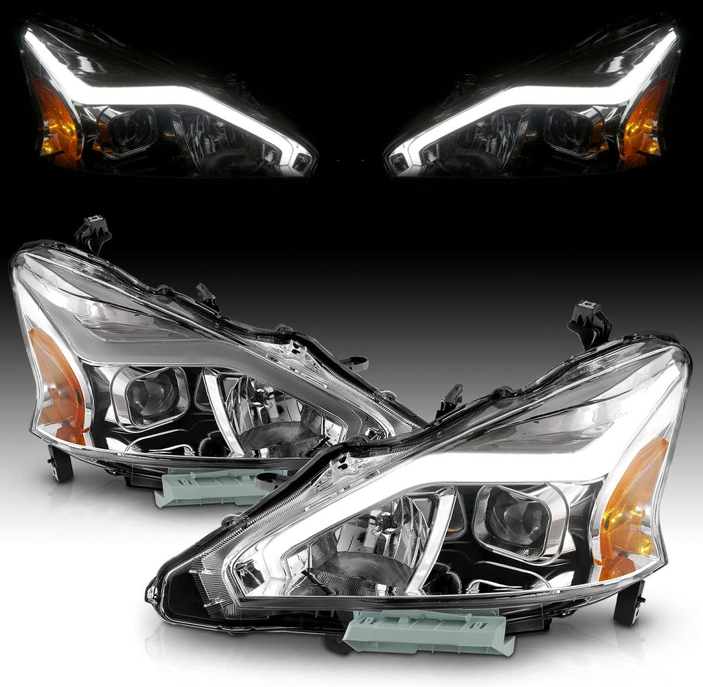 AmeriLite for 2013-2015 Nissan Altima 4 Door Sedan LED Tube Chrome Square Projector Headlights Set - Passenger and Driver Side