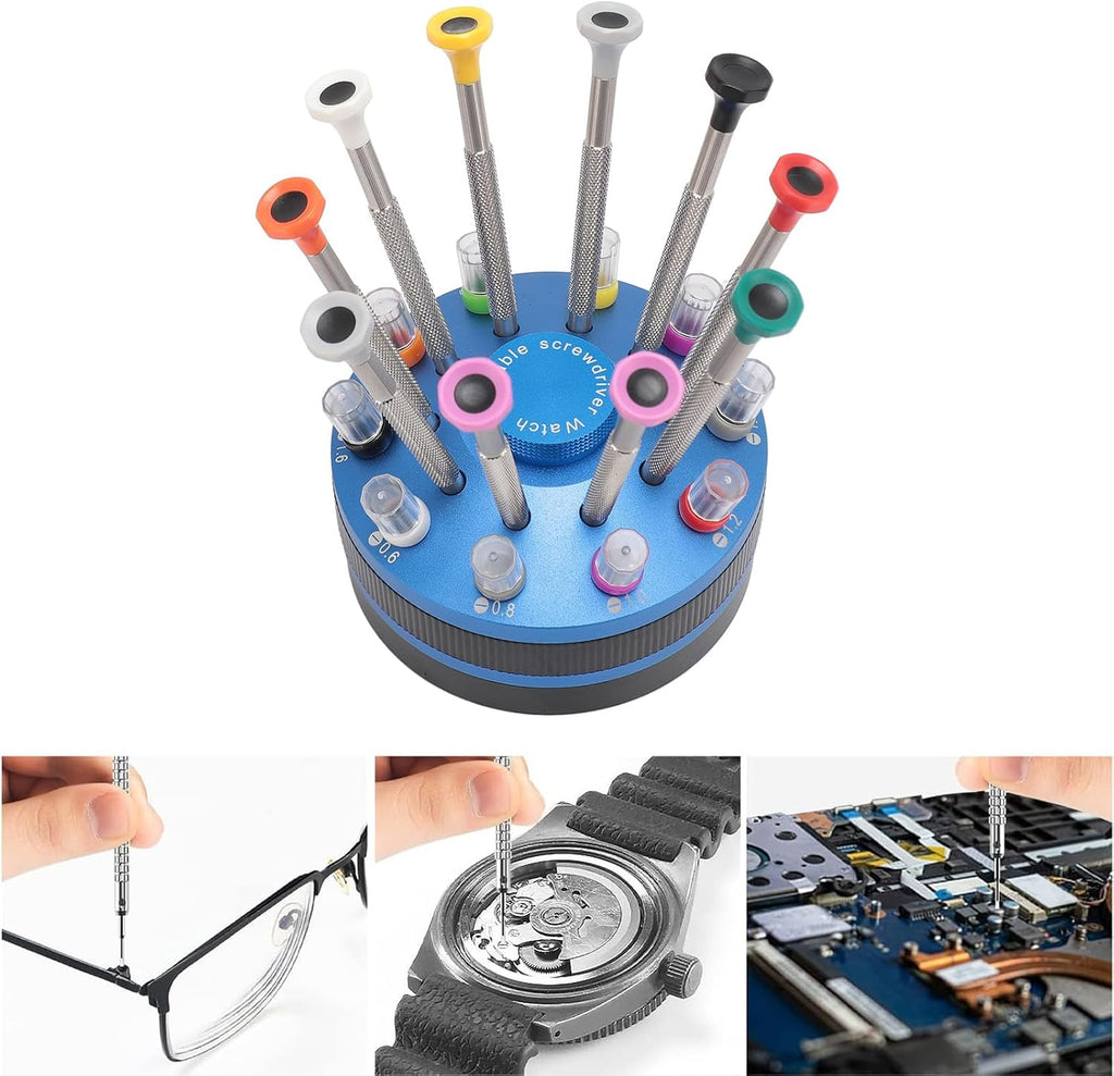 10pcs Watchmaker Screwdriver Set with 20 Extra Replace Heads, Precision Screwdriver Kit for Jewelers, Different Sizes Flat and Cross Heads for Watch Repair, Eyeglasses, Jewelry Mak (Blue)