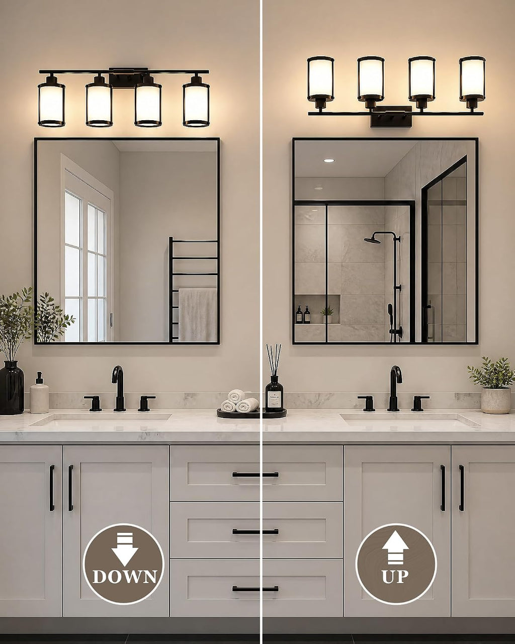4-Light Black Bathroom Light Fixtures with Milk White Frosted Glass, 29' UL-Listed Modern Wall Sconce Over Mirror with Metal Cage for Bath, Hardwire E26, OS-3014BKW-4W
