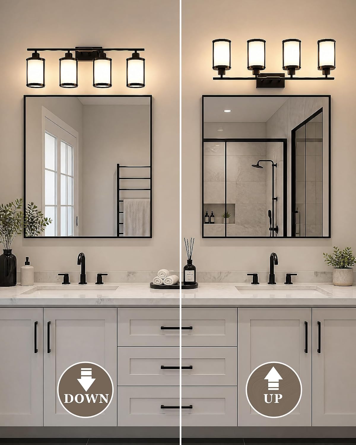 4-Light Black Bathroom Light Fixtures with Milk White Frosted Glass, 29' UL-Listed Modern Wall Sconce Over Mirror with Metal Cage for Bath, Hardwire E26, OS-3014BKW-4W