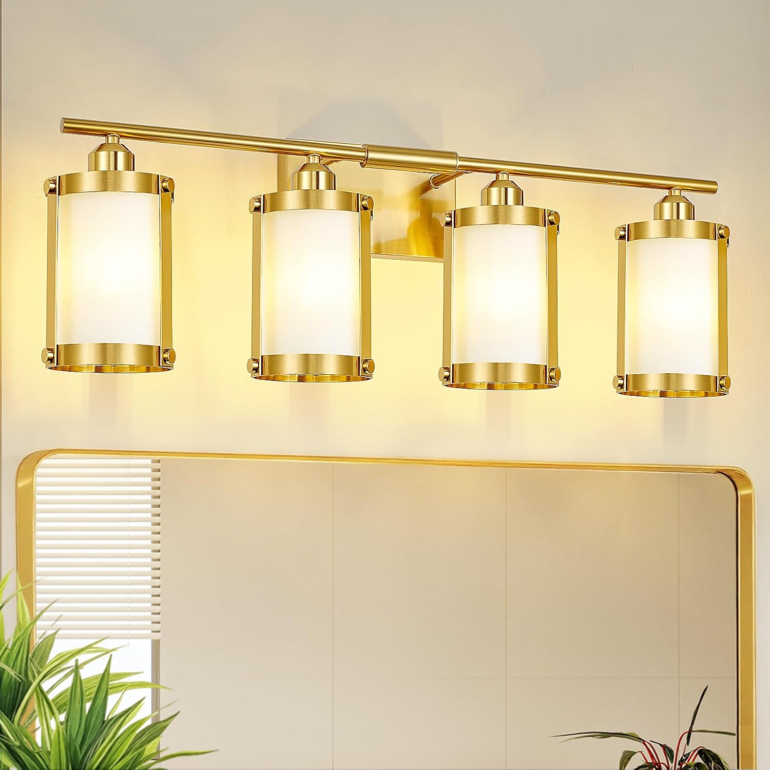 4-Light Brushed Gold Bathroom Light Fixtures with Milk White Frosted Glass, 29' UL-Listed Modern Wall Sconce Over Mirror with Metal Cage for Bath, Hardwire E26, OS-3014BGW-4W