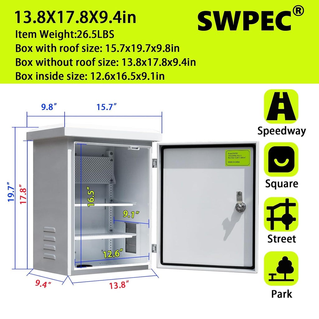 Metal Outdoor Enclosure with Rain Hood Electrical Box Weatherproof WiFi/Network Enclosure Breaker Box with Fan-Vent Design Cable Project Cabinet with Mounting Track Hole in Back 16X20X10