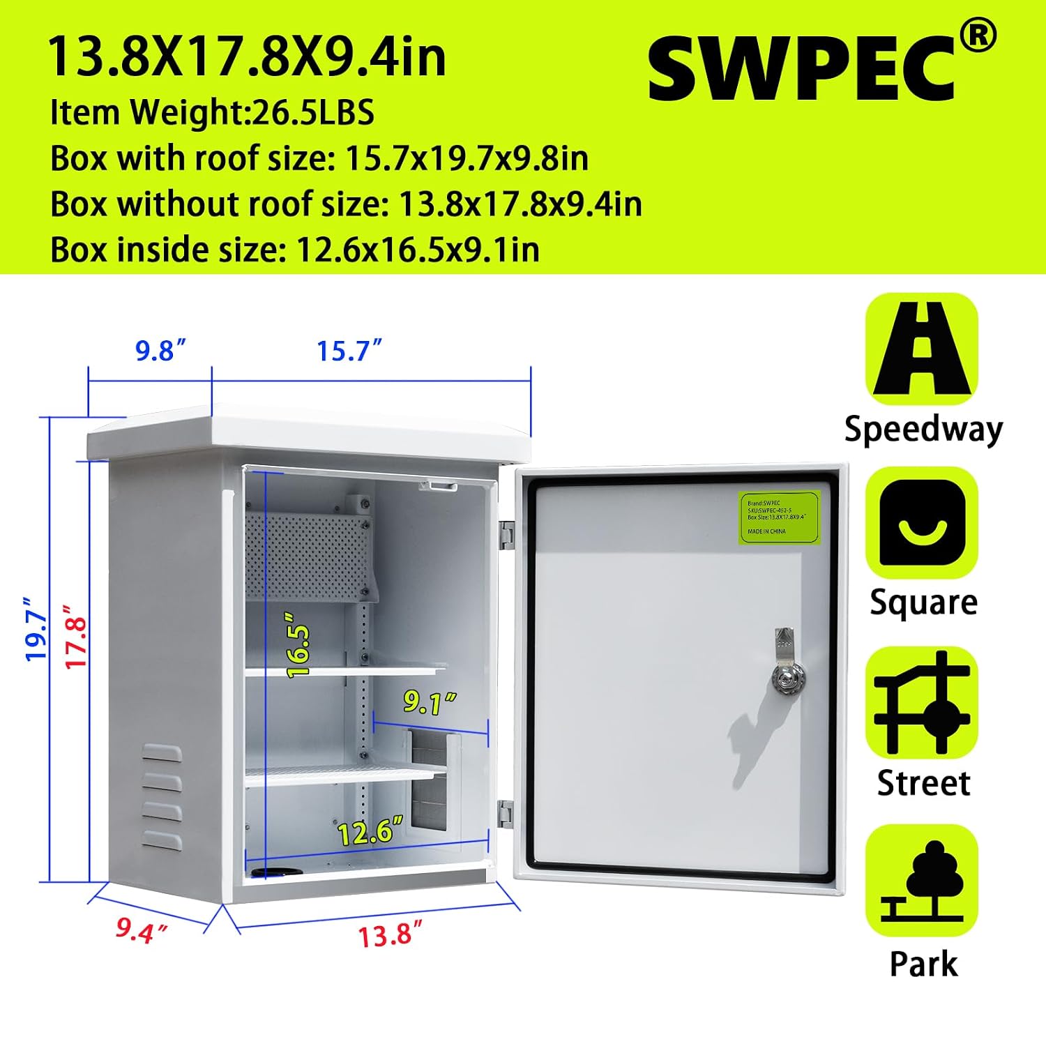 Metal Outdoor Enclosure with Rain Hood Electrical Box Weatherproof WiFi/Network Enclosure Breaker Box with Fan-Vent Design Cable Project Cabinet with Mounting Track Hole in Back 16X20X10