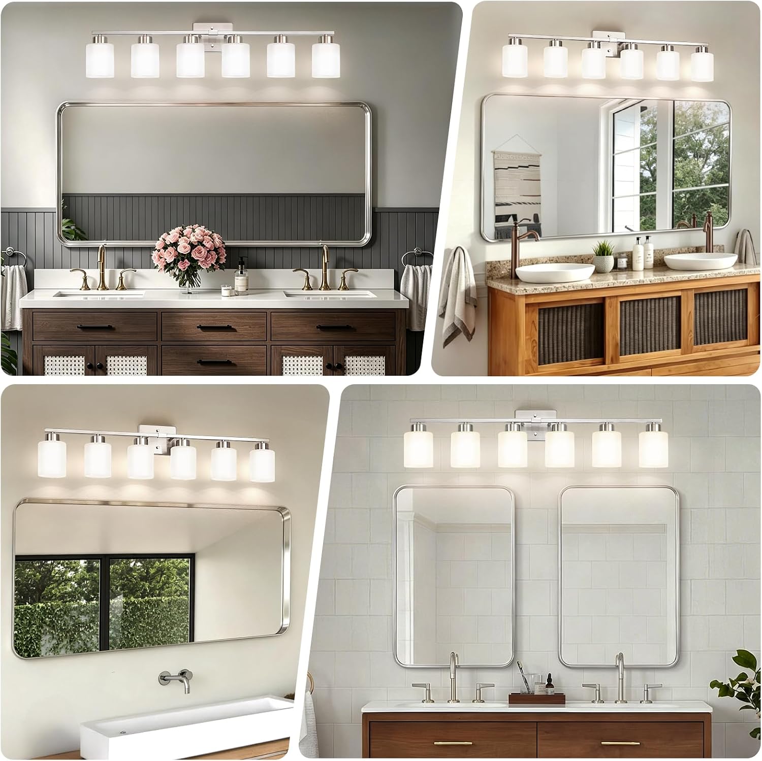 FonmYim Brushed Nickel Bathroom Light Fixtures, 6-Light Modern Vanity Light Over Mirror, Wall Sconces with Milky White Frosted Glass Shades, E26 Socket (Bulbs Not Included)