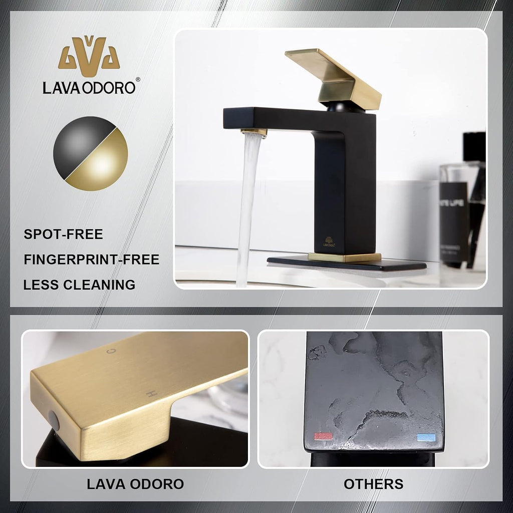 Lava Odoro Black and Gold Bathroom Faucet, Brass Single Hole Bathroom Sink Faucet Single Handle with Drain Assembly, Deck Plate Included, BF307-GB
