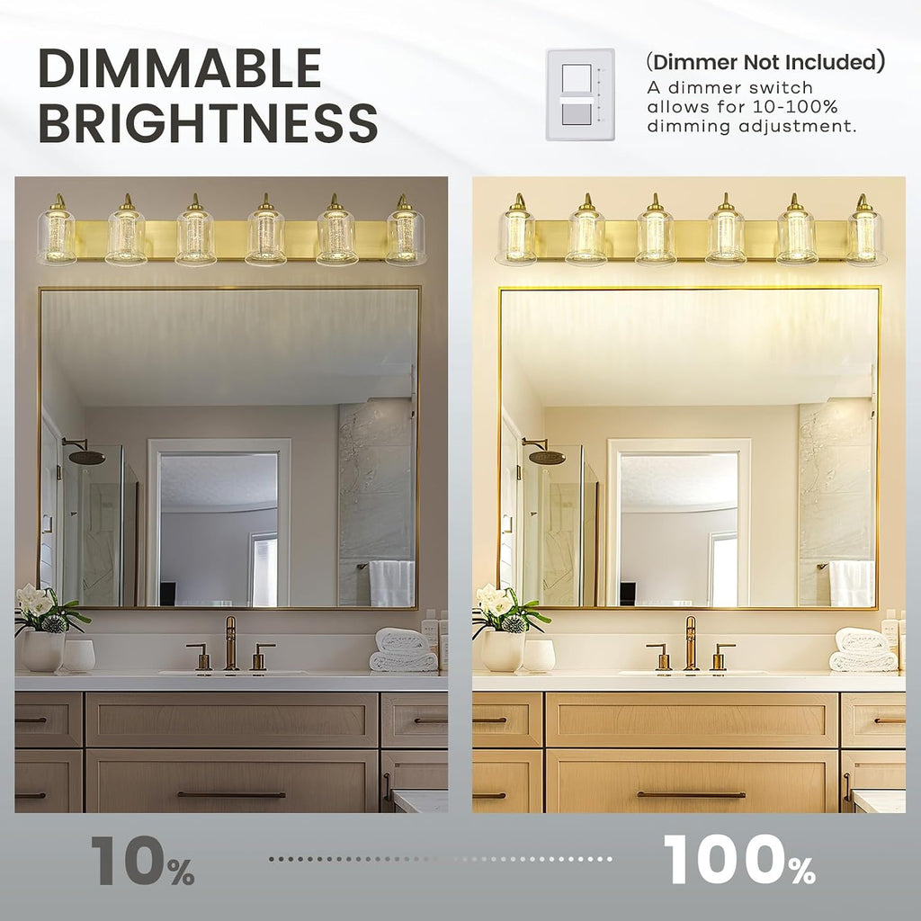 zeyu 6-Light Bathroom Wall Mounted Light, 40W Gold Bathroom Light Fixtures with 5 Color Modes, Brushed Gold Finish with Crystal Bubble and Clear Glass, ZSL72B-6W LED BG