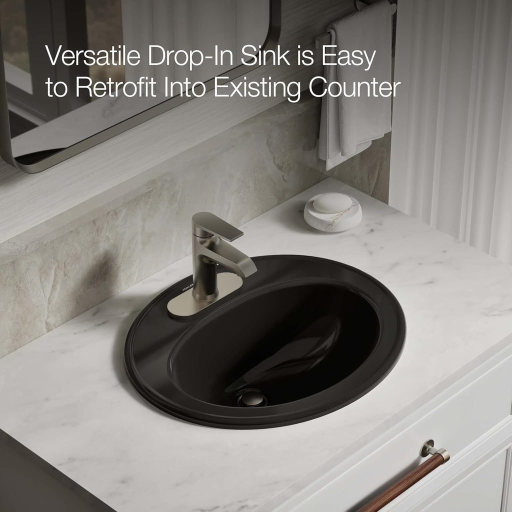 KOHLER K-2196-4-7 Pennington Self-Rimming Bathroom Sink, Black Black
