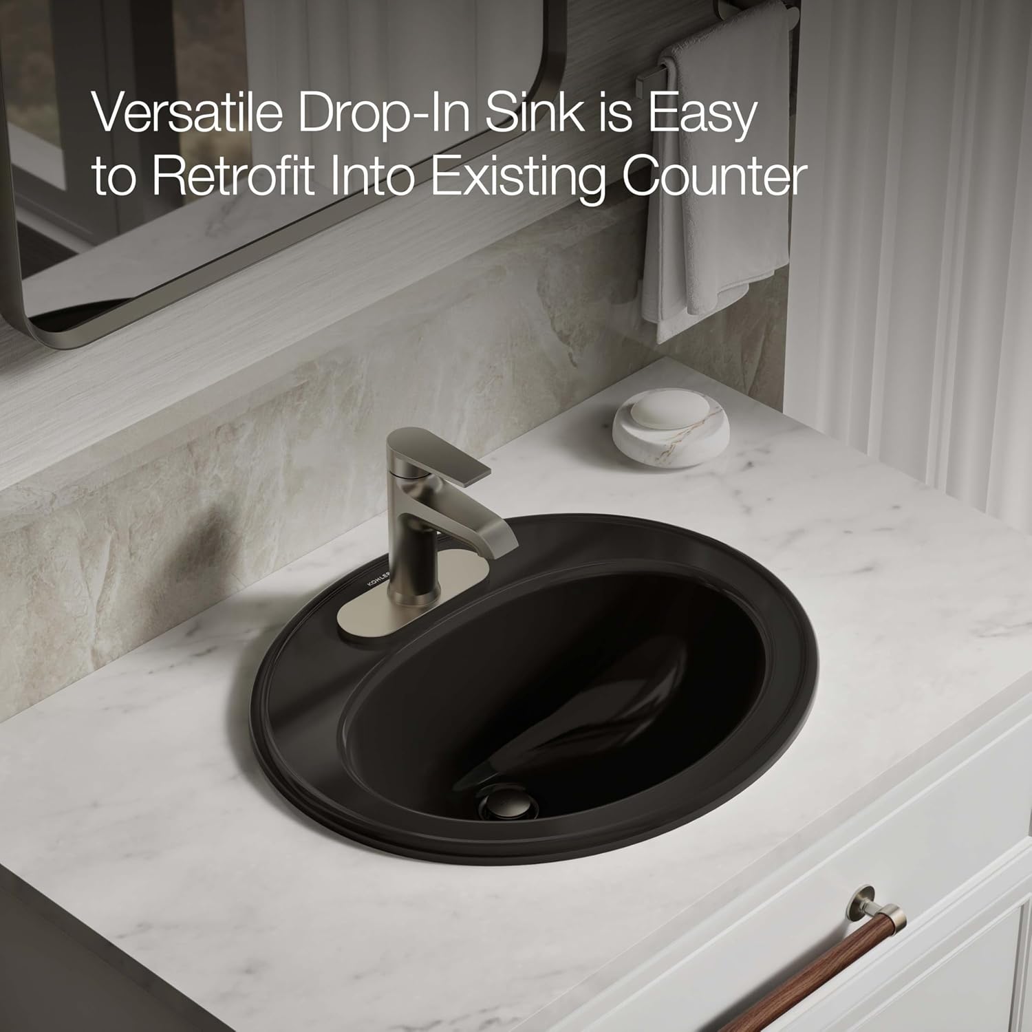 KOHLER K-2196-4-7 Pennington Self-Rimming Bathroom Sink, Black Black