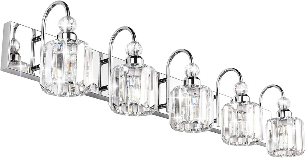 Ralbay Modern LED Crystal Bathroom Vanity Lights 5-Lights Stainless Steel Crystal Vanity Lights Over Mirror Modern Crystal Bathroom Vanity Lighting Fixtures