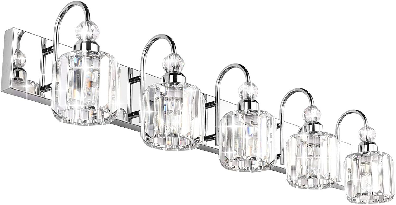 Ralbay Modern LED Crystal Bathroom Vanity Lights 5-Lights Stainless Steel Crystal Vanity Lights Over Mirror Modern Crystal Bathroom Vanity Lighting Fixtures
