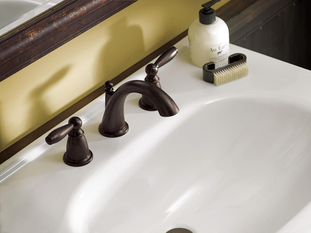 Moen Brantford Oil-Rubbed Bronze Two-Handle Widespread Bathroom Faucet Trim Kit Bathroom Faucets for Sink 3-hole Deck Mounted Setup, (Valve Required), T6620ORB