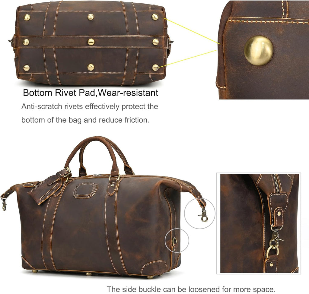 LUUFAN Full-grain Genuine Leather Travel Bag Large Capacity Luggage Duffel Bag for Men Shoulder Handbag Holiday Business Trip Bag, Brown