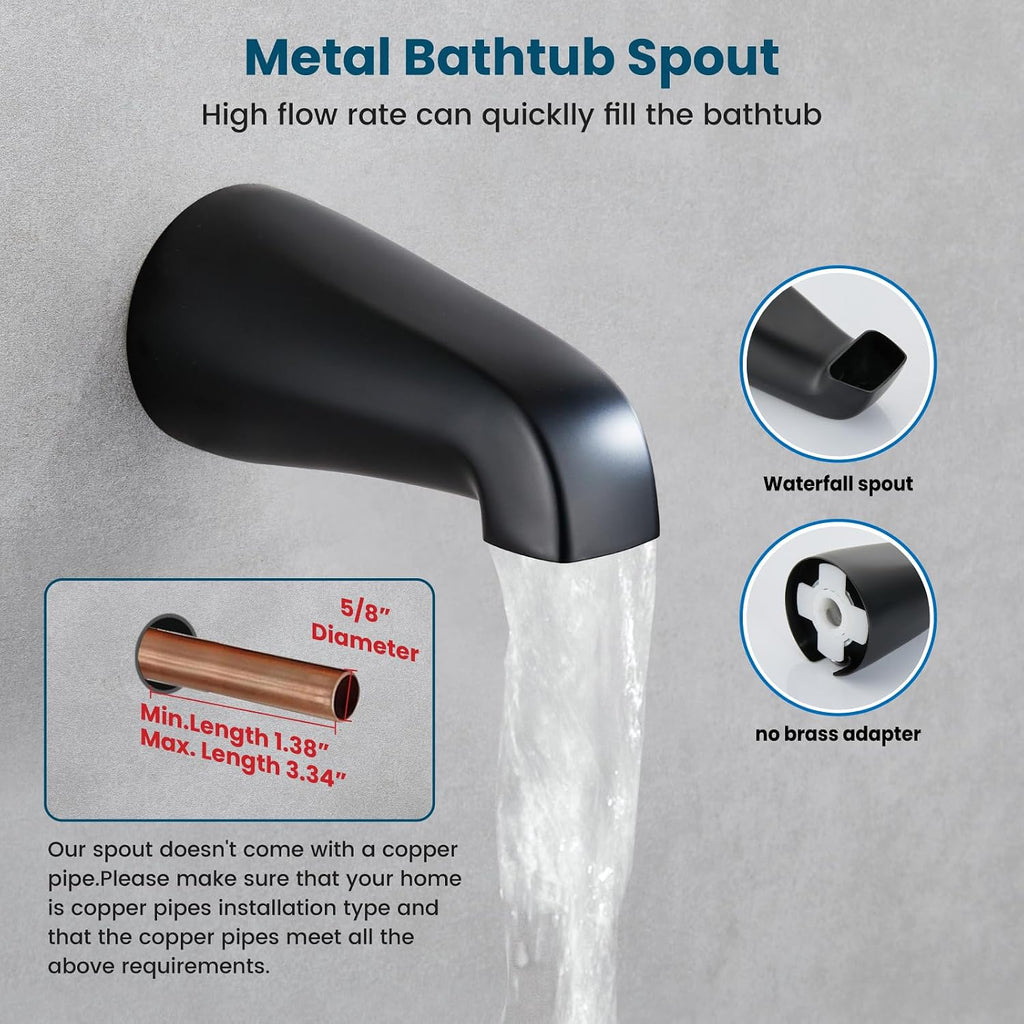 gotonovo 3 Handle Tub Shower Faucet Set, Tub and Shower Faucet Combo,Bathtub Faucet Set with 6 Settings Shower Head and Waterfall Tub Spout, Tub and Shower Trim Kit, Tub Shower Fixture Matte Black