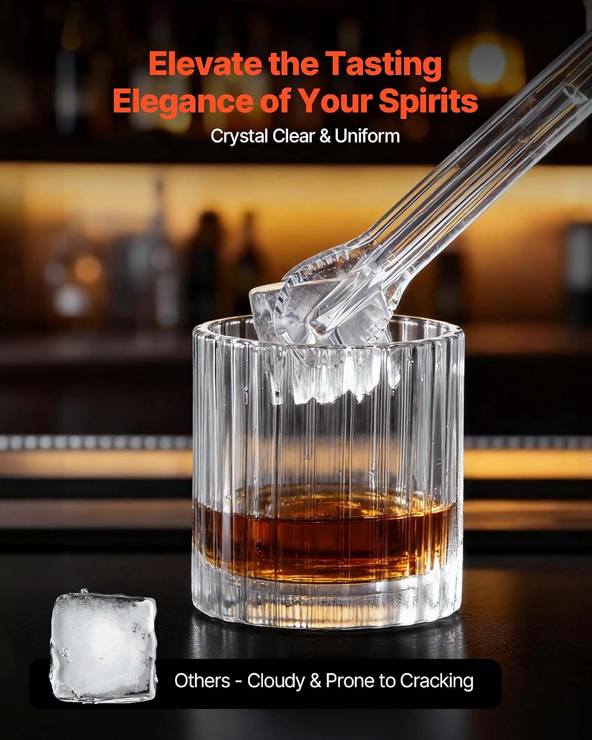 VEVOR 1.6' Clear Ice Cube Maker, 3 Square Ice Ready in 25–35 Mins, 108 Pcs/Day, 24H Timer Ice Maker Countertop for Cocktails, Whiskey & Bourbon