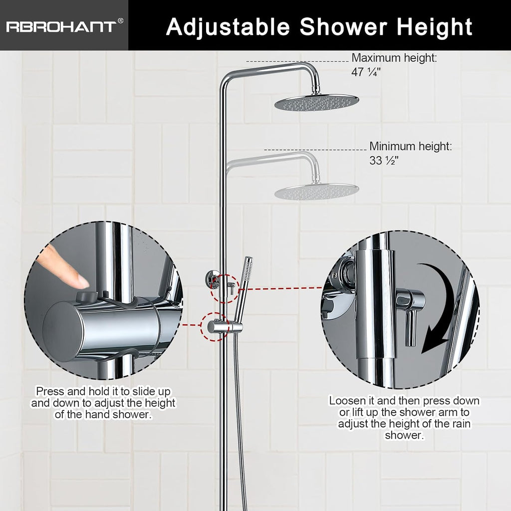 RBROHANT Exposed Shower System with Tub Spout, Polished Chrome Exposed Pipe Shower Faucet with 3 Functions Brass Shower Valve, Shower Height Adjustable, Wall Mounted