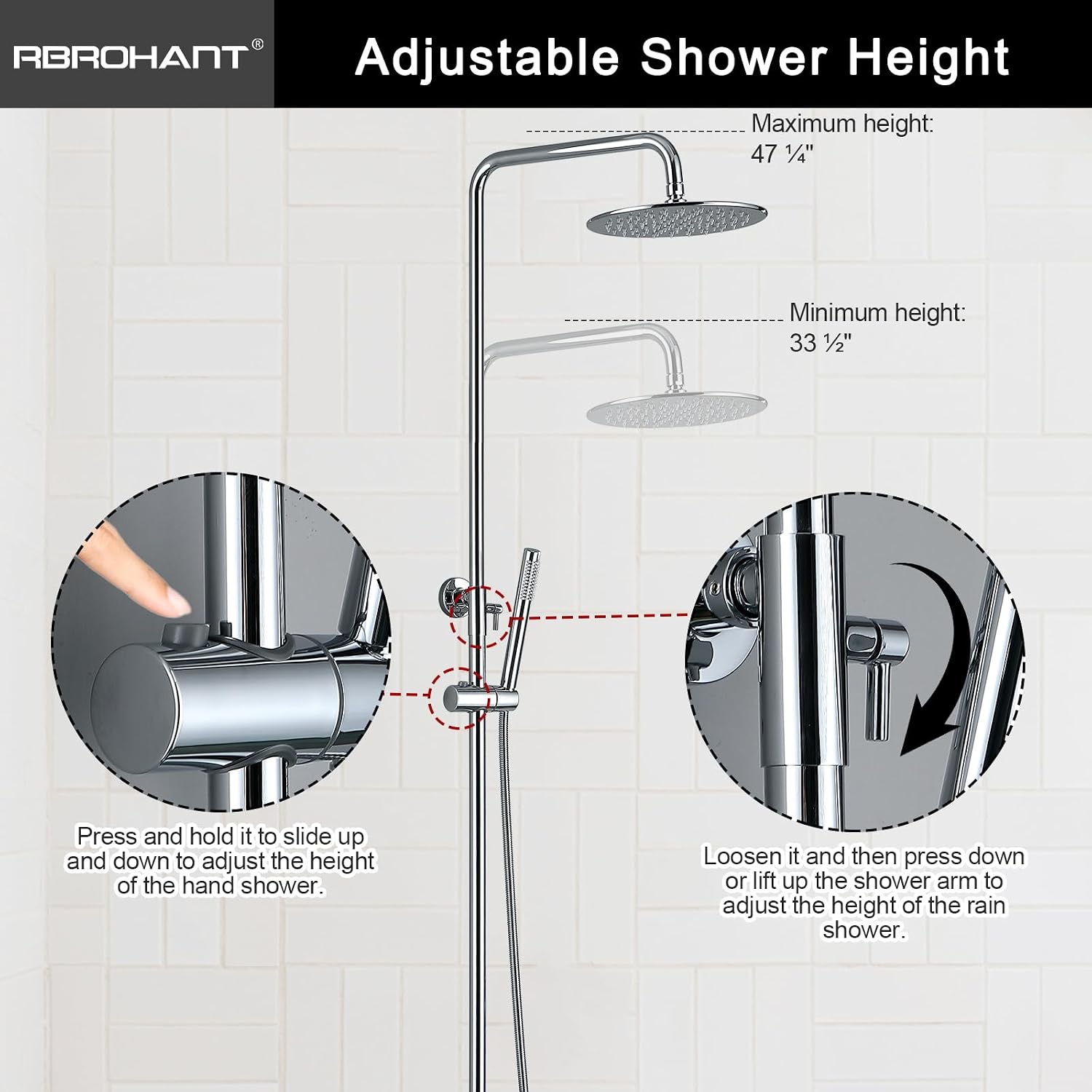 RBROHANT Exposed Shower System with Tub Spout, Polished Chrome Exposed Pipe Shower Faucet with 3 Functions Brass Shower Valve, Shower Height Adjustable, Wall Mounted