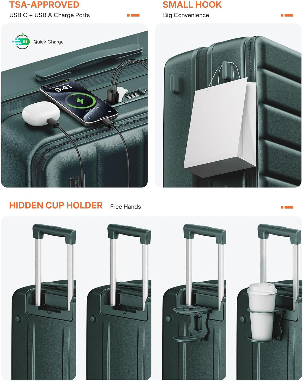Expandable 20Inch Carry On Luggage Airline Approved - Top Opening Hardside Travel Suitcase Unbreakable -with Cup Holder,USB Charge,Side Pothook, 360°Spinner Wheels, TSA Lock-Green