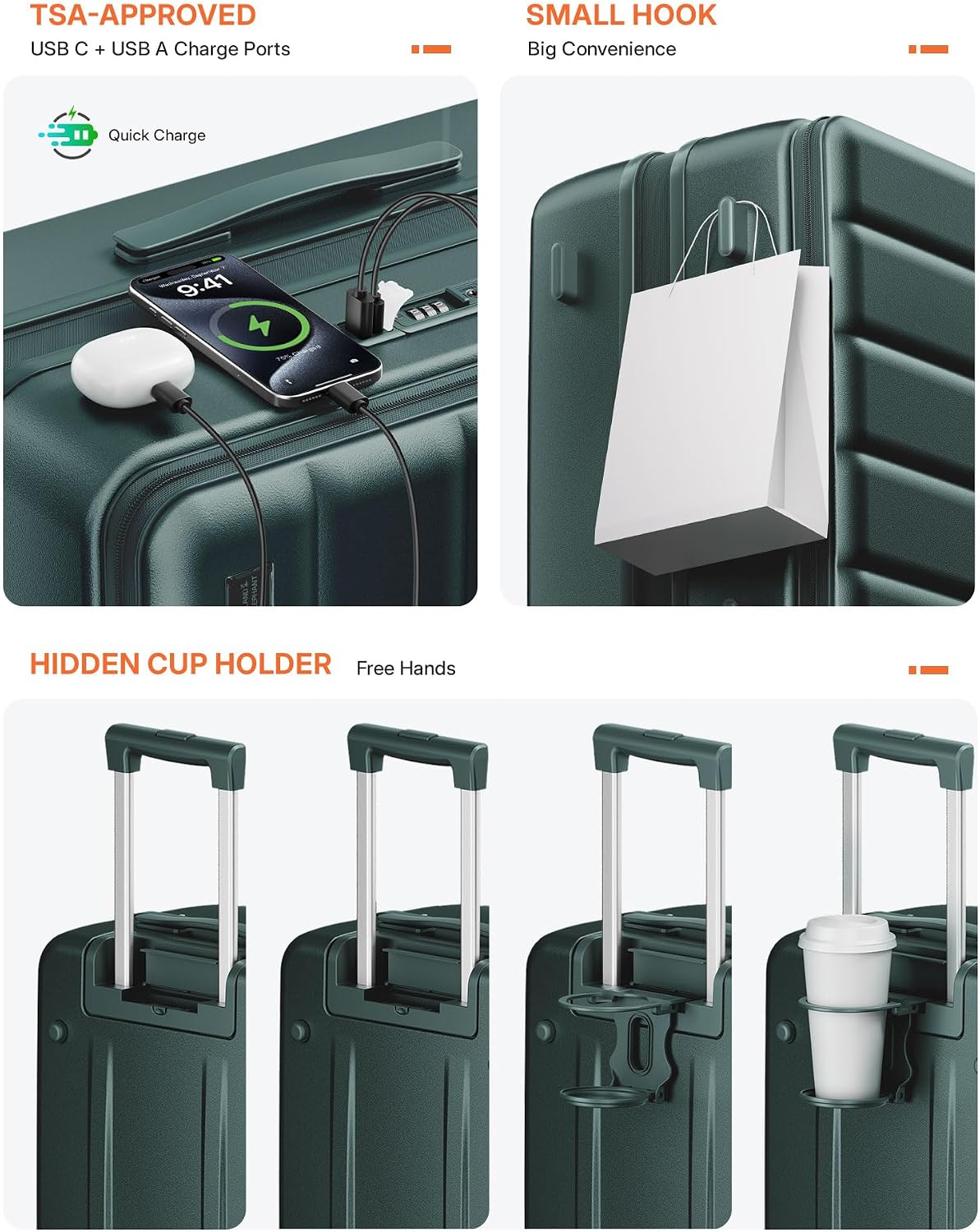Expandable 20Inch Carry On Luggage Airline Approved - Top Opening Hardside Travel Suitcase Unbreakable -with Cup Holder,USB Charge,Side Pothook, 360°Spinner Wheels, TSA Lock-Green