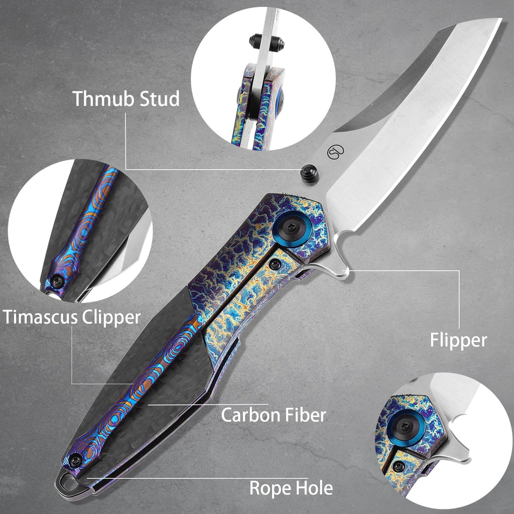 KANSEPT Mistaken Folding Knives for Men EDC Camping Hiking Folding Knife for Men Women 3.58''CPM 20CV Blade with Lightning Strike Finish Titanium Twill Carbon Fiber Timascus Clip Handle EDC K1053A4