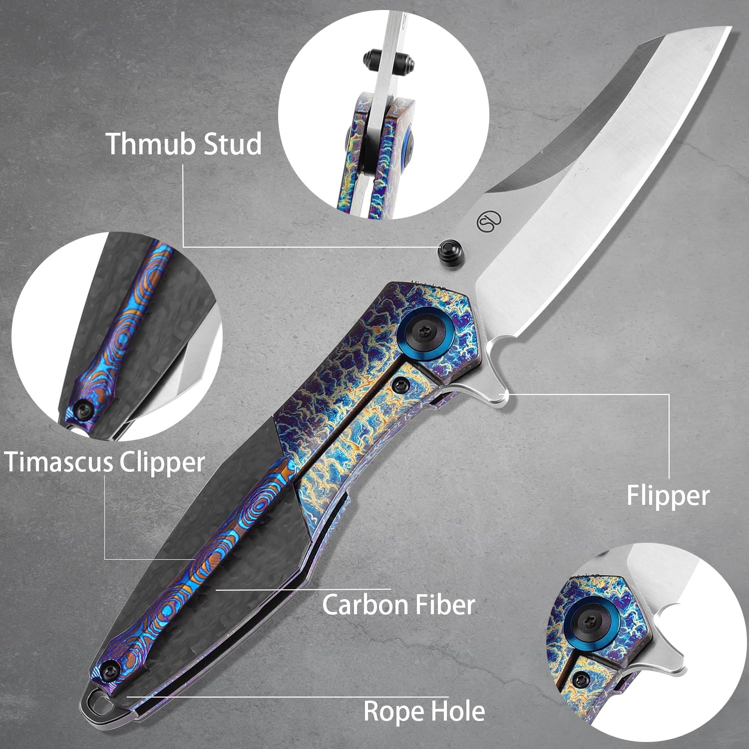 KANSEPT Mistaken Folding Knives for Men EDC Camping Hiking Folding Knife for Men Women 3.58''CPM 20CV Blade with Lightning Strike Finish Titanium Twill Carbon Fiber Timascus Clip Handle EDC K1053A4