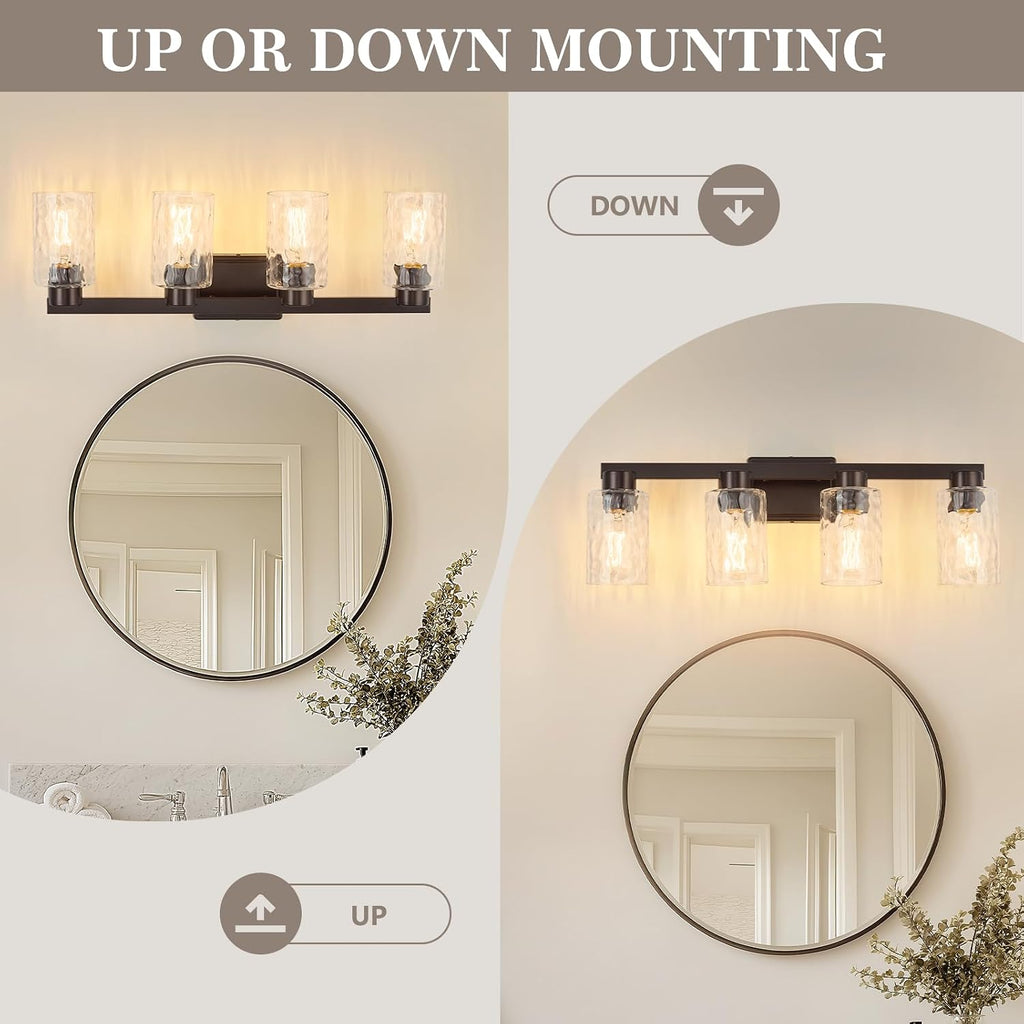 4-Light Bathroom Light Fixtures Modern Oil Rubbed Bronze Vanity Lights with Water Ripple Glass Wall Sconces Over Mirror for Bathroom, Powder Room, Living Room