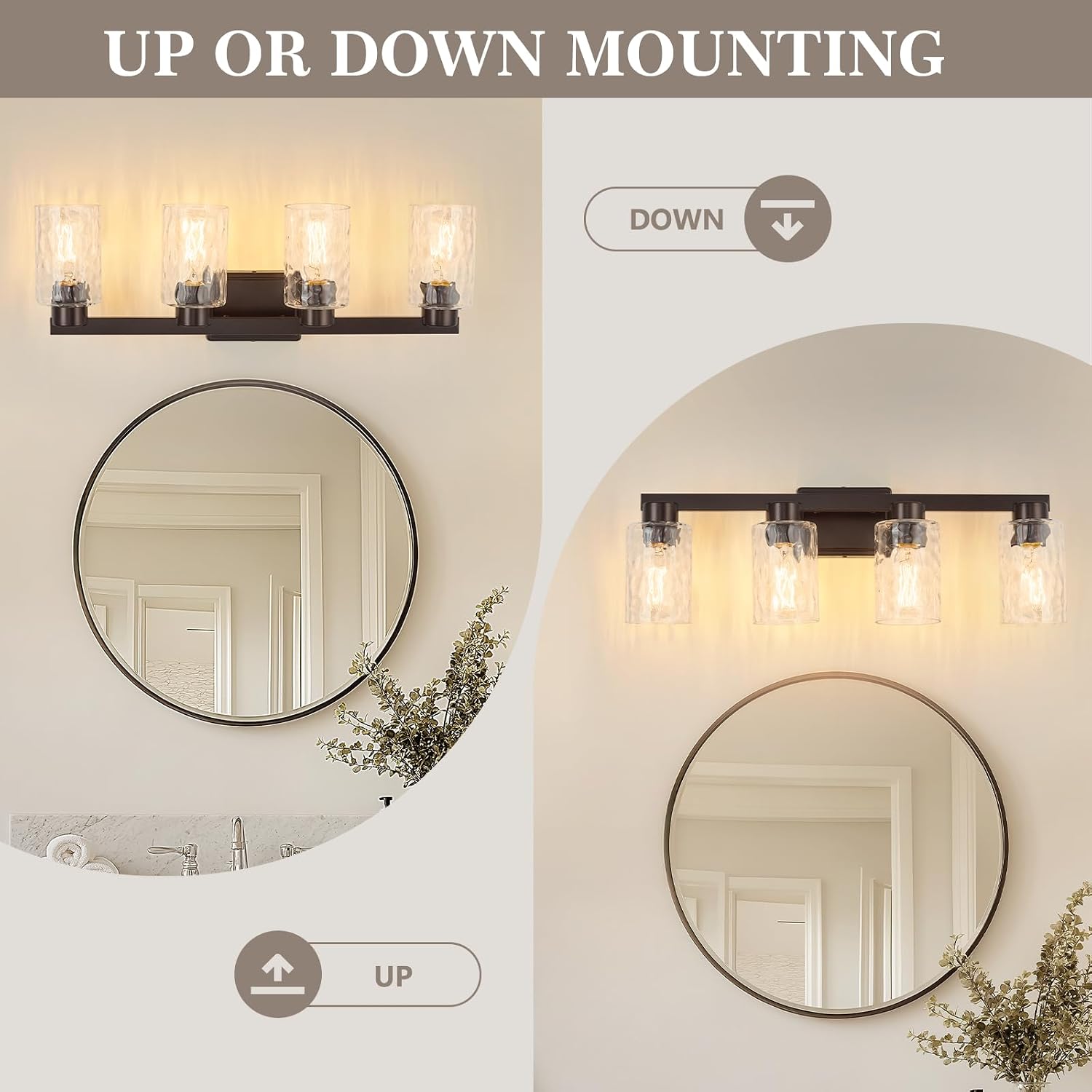 4-Light Bathroom Light Fixtures Modern Oil Rubbed Bronze Vanity Lights with Water Ripple Glass Wall Sconces Over Mirror for Bathroom, Powder Room, Living Room