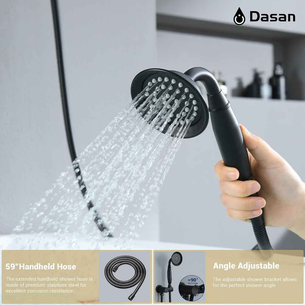 DASAN Matte Black Shower System with Tub Spout, Tub and Shower Faucet Combo Set with Valve & Trim Kit Bathtub Shower Faucet Set Bathtub Shower System with Rainfall Shower Head & Handheld, AT309W-MB