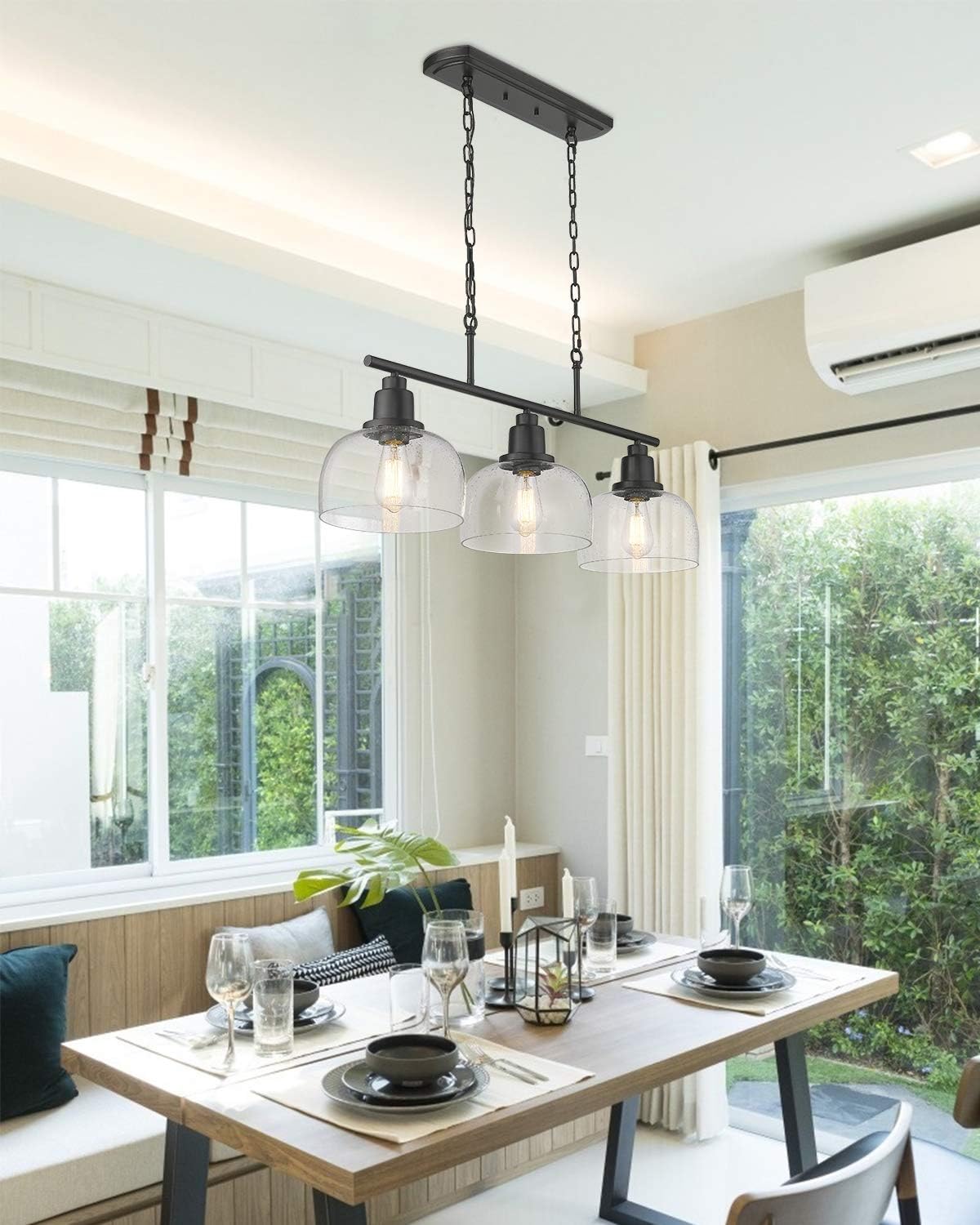 EAPUDUN 3-Light Kitchen Island Light, 35.4' Farmhouse Chandelier for Dining Room Pool Table Pendant Light, Black Finish with Seeded Bubble Glass, PDA1125-ORB