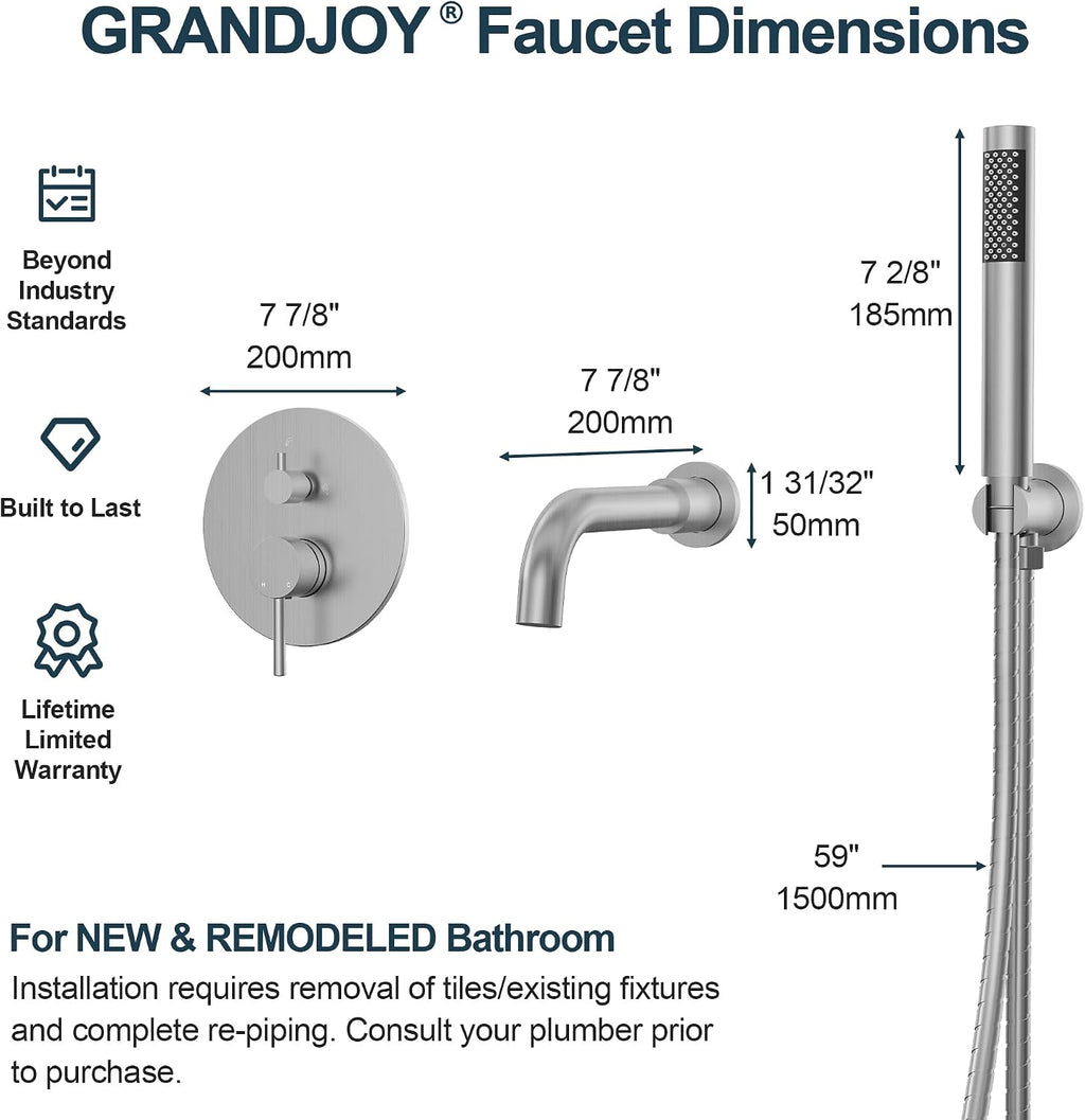 Brushed Nickel Wall Mount Bathtub Faucet with Handheld Shower, High Flow Tub Filler, Solid Brass Rough-in Valve Included, Single Handle Bathroom Fixture