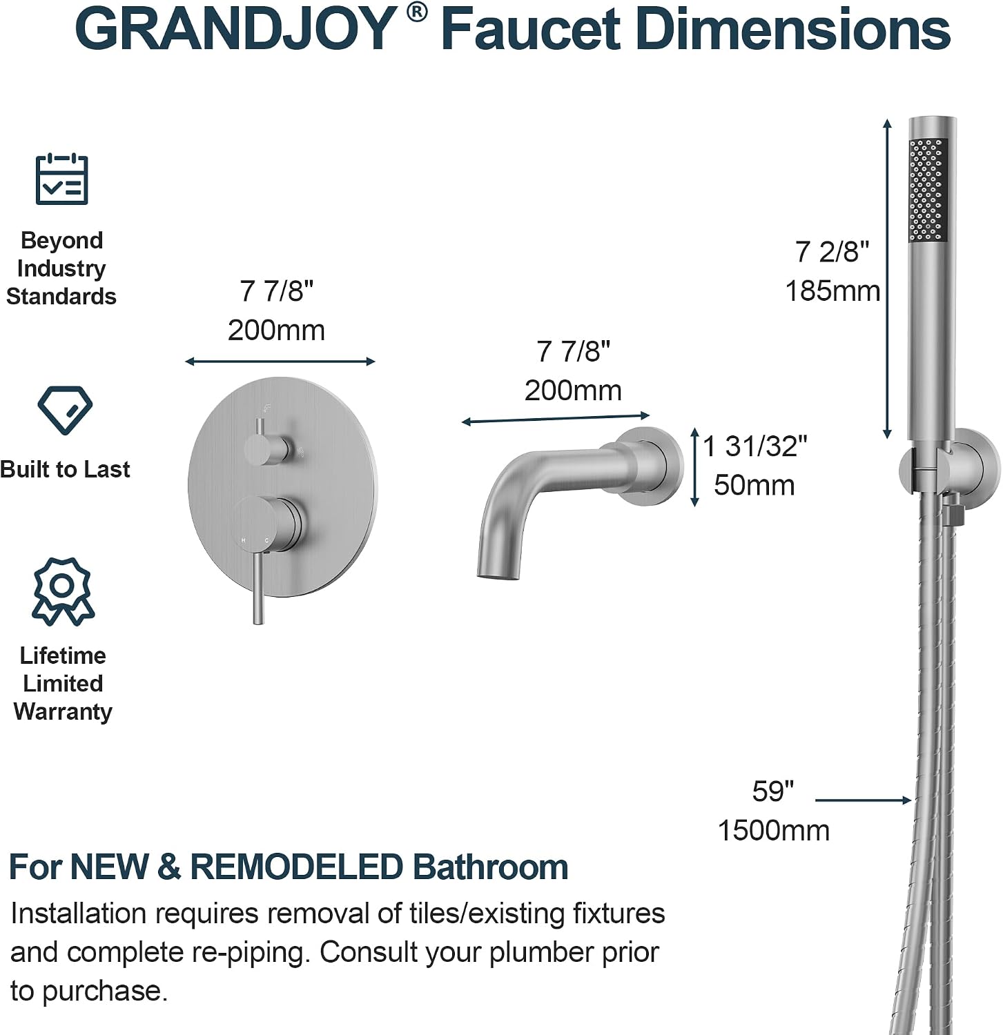 Brushed Nickel Wall Mount Bathtub Faucet with Handheld Shower, High Flow Tub Filler, Solid Brass Rough-in Valve Included, Single Handle Bathroom Fixture