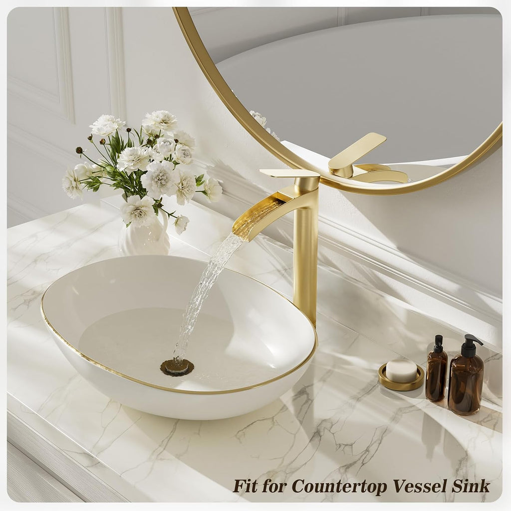 Phiestina Brushed Gold Tall Bathroom Vessel Sink Faucet 2 Pack, Single Hole Single Handle Waterfall Above Countertop Sink Bathroom Faucet, with Pop Up Drain,Water Supply Line, NS-SF01-V-BG-2pack