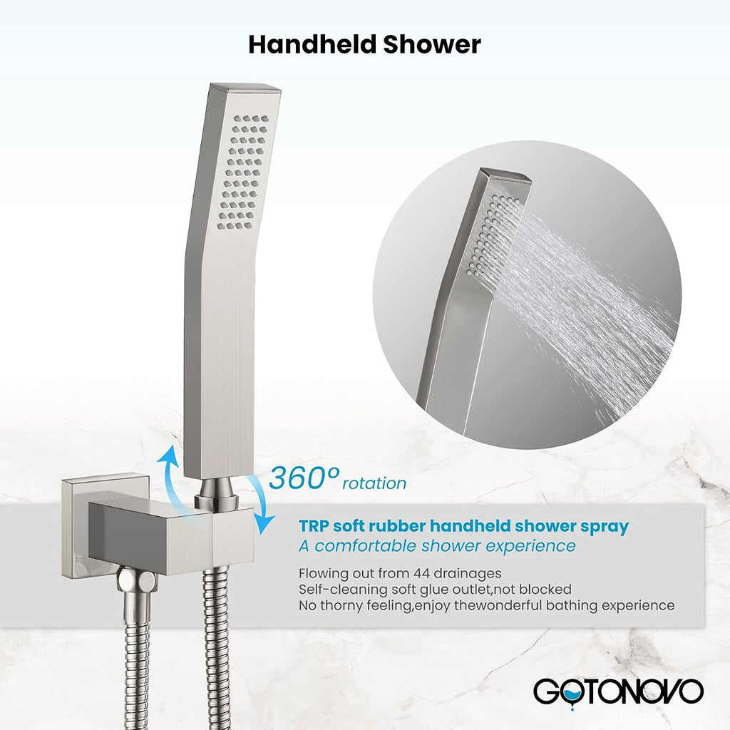 gotonovo Rainfall Tub Shower Faucet Set Bathroom Shower System with Tub Spout Wall Mount Square High Pressure Shower Fixtures with Handheld Sprayer Rough-In Valve 12'' Shower Head,Brushed Nickel