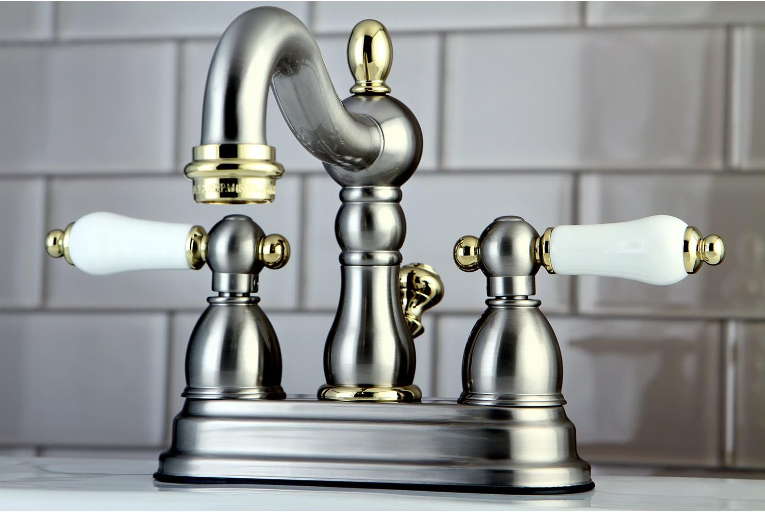 Kingston Brass KB1609PL Heritage 4-Inch Centerset Lavatory Faucet with Porcelain Lever Handle, Brushed Nickel and Polished Brass