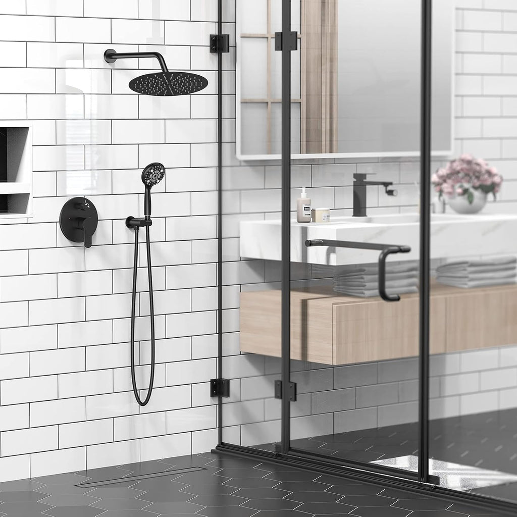 SR SUN RISE Shower Faucet - 12 Inch Multifunctional High Pressure Shower Head System with Handheld Shower Head Fixtures - Valve Included - Matte Black