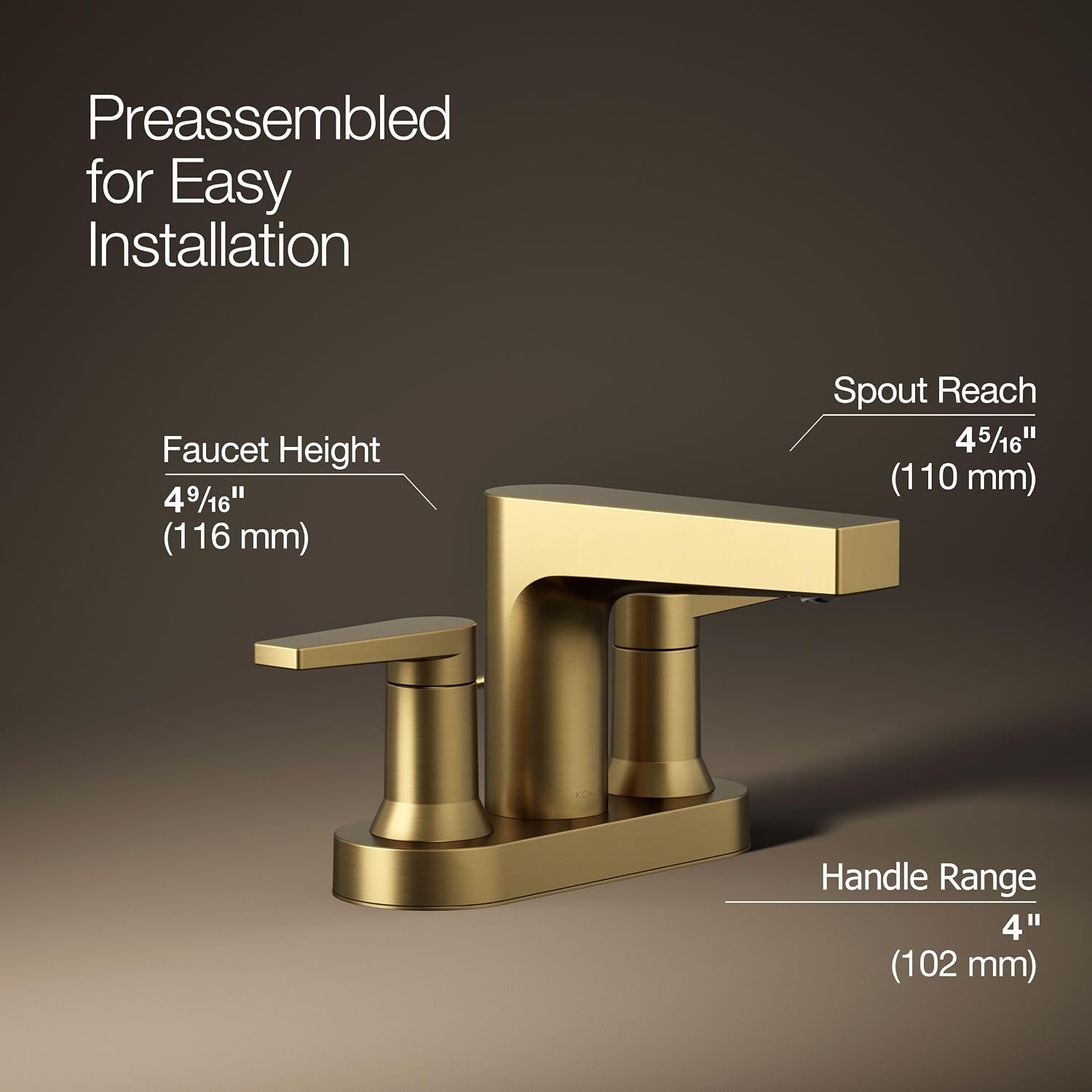 KOHLER K-97031-4-2MB Taut Centerset Bathroom Sink Faucet, 1.2 GPM, Two-Handle Faucet, Minimalist Design, Corrosion Resistant, Vibrant Brushed Moderne Brass